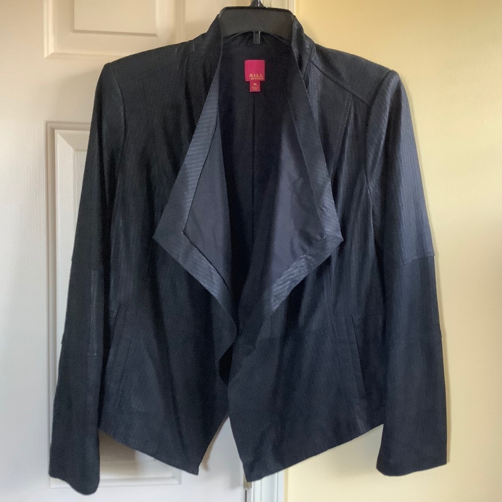 G.I.L.I Leather Open Front Tonal Printed Jacket with Pockets Black SZ 14